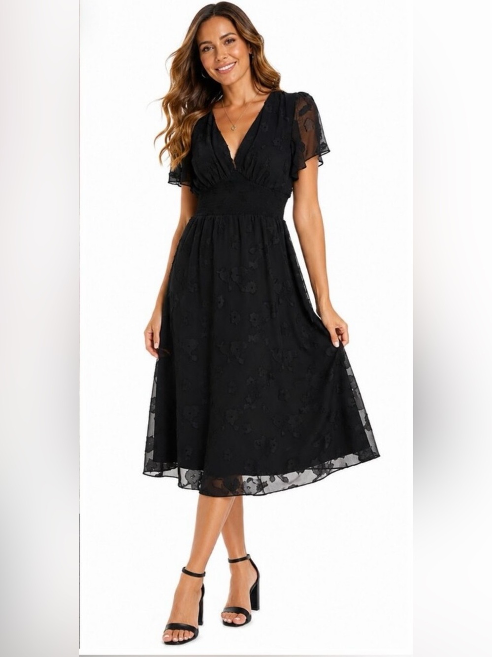 Woman’s Plus Size 24W Black Chiffon Smocked Dress Floral Burnout NWT